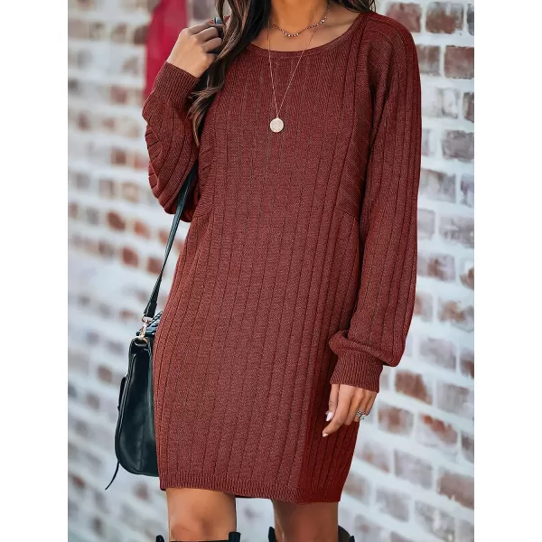 imageANRABESS Womens Long Sleeve Crewneck Cozy Warm Ribbed Knit Casual Loose Oversized Mini Sweater DressRust