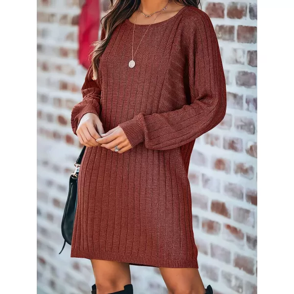 imageANRABESS Womens Long Sleeve Crewneck Cozy Warm Ribbed Knit Casual Loose Oversized Mini Sweater DressRust