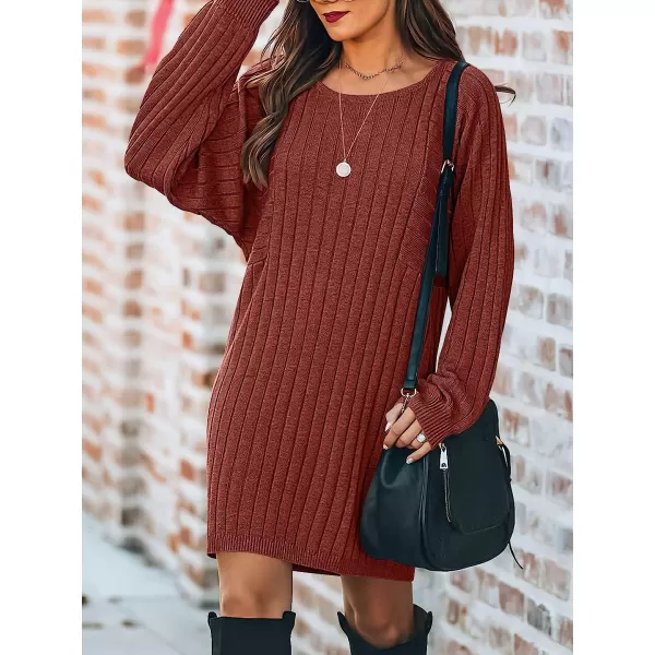 imageANRABESS Womens Long Sleeve Crewneck Cozy Warm Ribbed Knit Casual Loose Oversized Mini Sweater DressRust