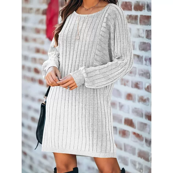 imageANRABESS Womens Long Sleeve Crewneck Cozy Warm Ribbed Knit Casual Loose Oversized Mini Sweater DressWhite