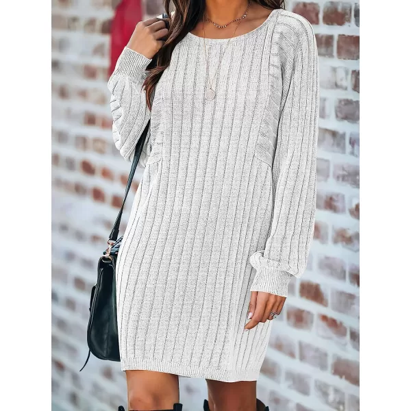 imageANRABESS Womens Long Sleeve Crewneck Cozy Warm Ribbed Knit Casual Loose Oversized Mini Sweater DressWhite
