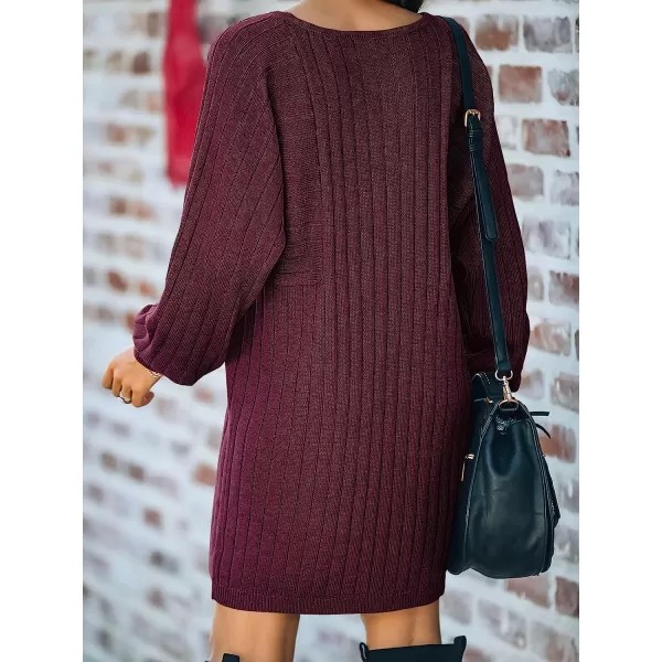 imageANRABESS Womens Long Sleeve Crewneck Cozy Warm Ribbed Knit Casual Loose Oversized Mini Sweater DressWine Red