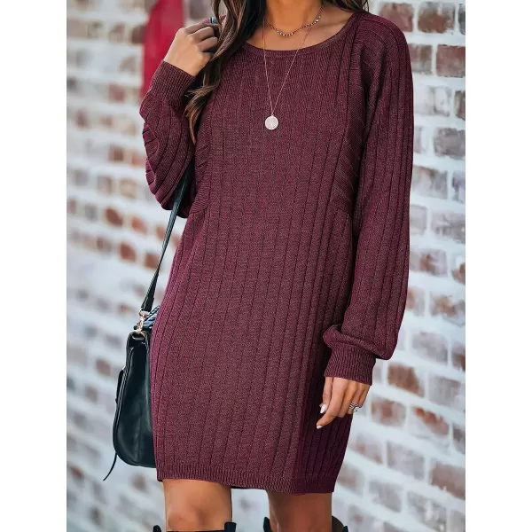 imageANRABESS Womens Long Sleeve Crewneck Cozy Warm Ribbed Knit Casual Loose Oversized Mini Sweater DressWine Red