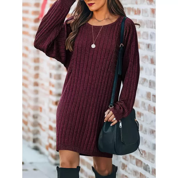 imageANRABESS Womens Long Sleeve Crewneck Cozy Warm Ribbed Knit Casual Loose Oversized Mini Sweater DressWine Red