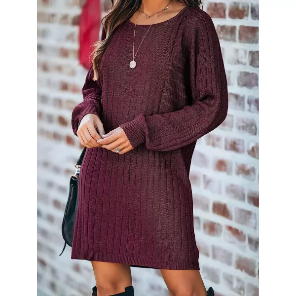 imageANRABESS Womens Long Sleeve Crewneck Cozy Warm Ribbed Knit Casual Loose Oversized Mini Sweater DressWine Red