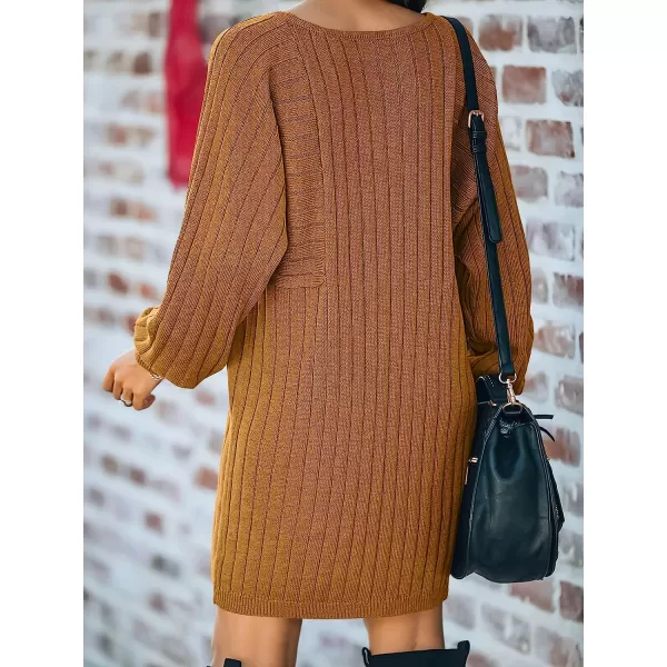 imageANRABESS Womens Long Sleeve Crewneck Cozy Warm Ribbed Knit Casual Loose Oversized Mini Sweater DressYellow