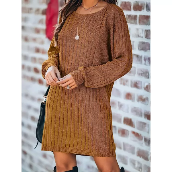 imageANRABESS Womens Long Sleeve Crewneck Cozy Warm Ribbed Knit Casual Loose Oversized Mini Sweater DressYellow