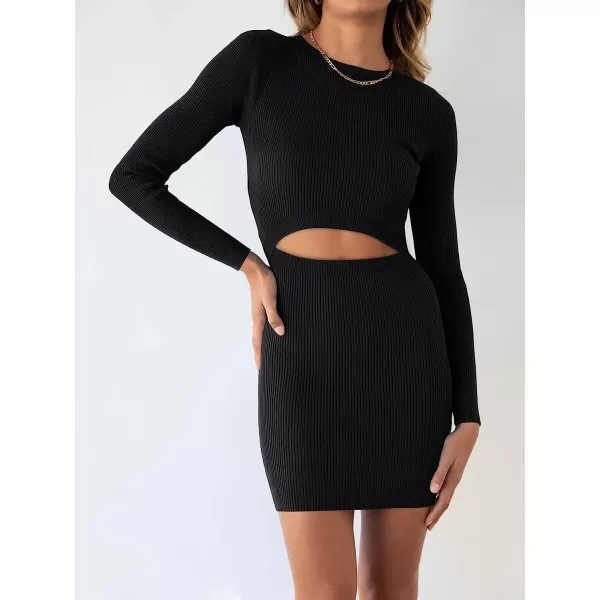 imageANRABESS Womens Long Sleeve Crewneck Cutout Sweater Dress Ribbed Knit Slim Fit Bodycon Mini DressBlack