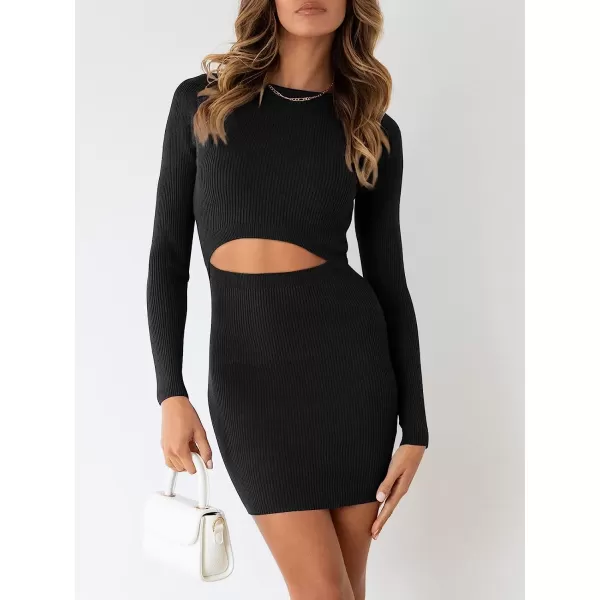 imageANRABESS Womens Long Sleeve Crewneck Cutout Sweater Dress Ribbed Knit Slim Fit Bodycon Mini DressBlack