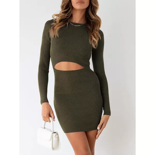imageANRABESS Womens Long Sleeve Crewneck Cutout Sweater Dress Ribbed Knit Slim Fit Bodycon Mini DressCoffee