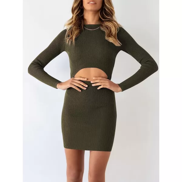 imageANRABESS Womens Long Sleeve Crewneck Cutout Sweater Dress Ribbed Knit Slim Fit Bodycon Mini DressCoffee