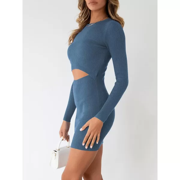 imageANRABESS Womens Long Sleeve Crewneck Cutout Sweater Dress Ribbed Knit Slim Fit Bodycon Mini DressDeep Blue
