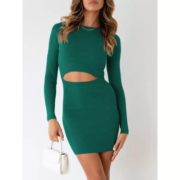 imageANRABESS Womens Long Sleeve Crewneck Cutout Sweater Dress Ribbed Knit Slim Fit Bodycon Mini DressGreen