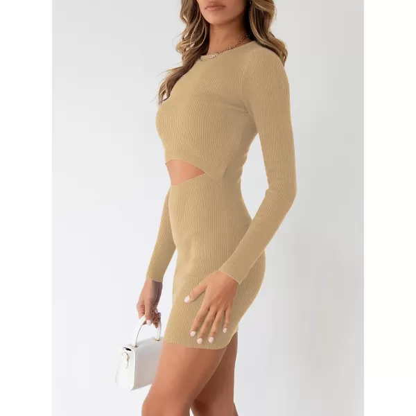 imageANRABESS Womens Long Sleeve Crewneck Cutout Sweater Dress Ribbed Knit Slim Fit Bodycon Mini DressKhaki