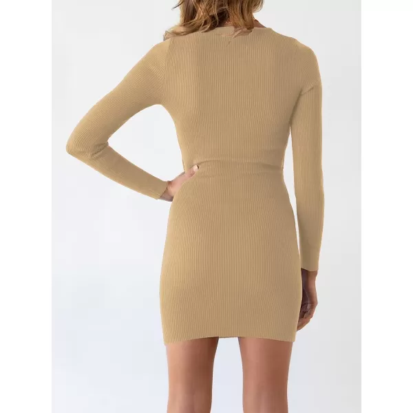 imageANRABESS Womens Long Sleeve Crewneck Cutout Sweater Dress Ribbed Knit Slim Fit Bodycon Mini DressKhaki
