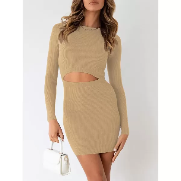 imageANRABESS Womens Long Sleeve Crewneck Cutout Sweater Dress Ribbed Knit Slim Fit Bodycon Mini DressKhaki