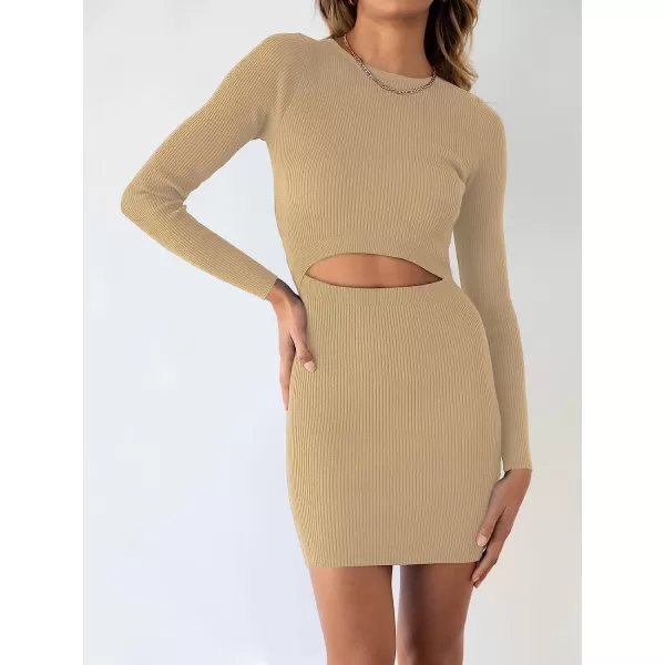 imageANRABESS Womens Long Sleeve Crewneck Cutout Sweater Dress Ribbed Knit Slim Fit Bodycon Mini DressKhaki