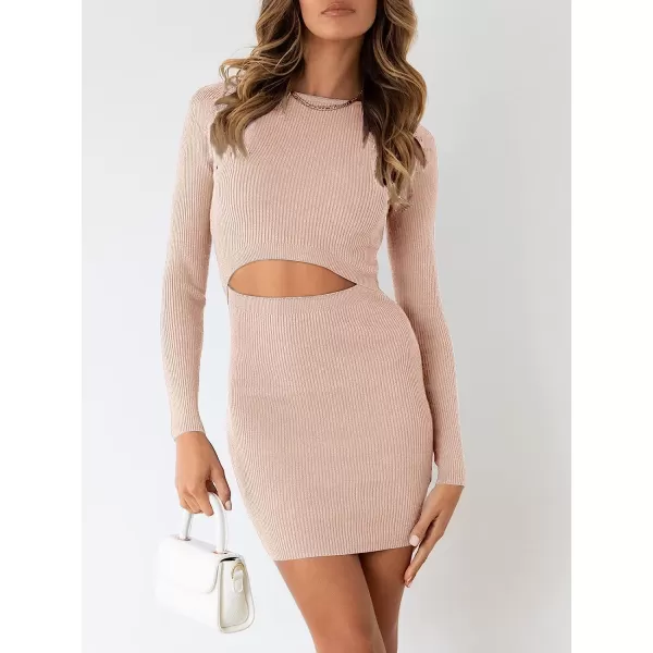 imageANRABESS Womens Long Sleeve Crewneck Cutout Sweater Dress Ribbed Knit Slim Fit Bodycon Mini DressPink
