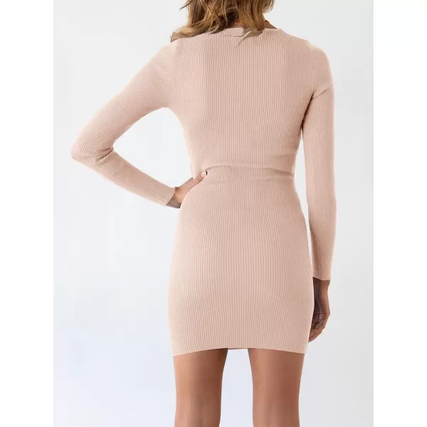 imageANRABESS Womens Long Sleeve Crewneck Cutout Sweater Dress Ribbed Knit Slim Fit Bodycon Mini DressPink
