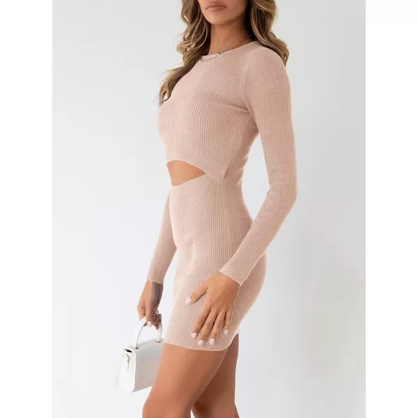 imageANRABESS Womens Long Sleeve Crewneck Cutout Sweater Dress Ribbed Knit Slim Fit Bodycon Mini DressPink