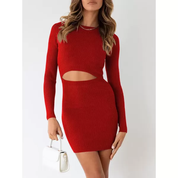 imageANRABESS Womens Long Sleeve Crewneck Cutout Sweater Dress Ribbed Knit Slim Fit Bodycon Mini DressRed