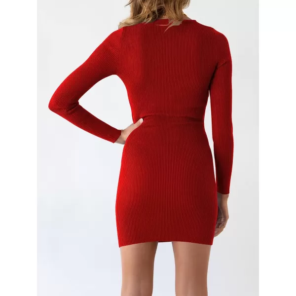 imageANRABESS Womens Long Sleeve Crewneck Cutout Sweater Dress Ribbed Knit Slim Fit Bodycon Mini DressRed