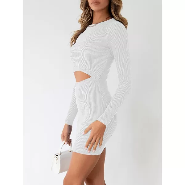 imageANRABESS Womens Long Sleeve Crewneck Cutout Sweater Dress Ribbed Knit Slim Fit Bodycon Mini DressWhite