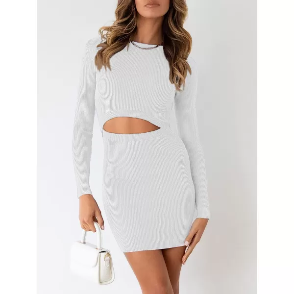 imageANRABESS Womens Long Sleeve Crewneck Cutout Sweater Dress Ribbed Knit Slim Fit Bodycon Mini DressWhite