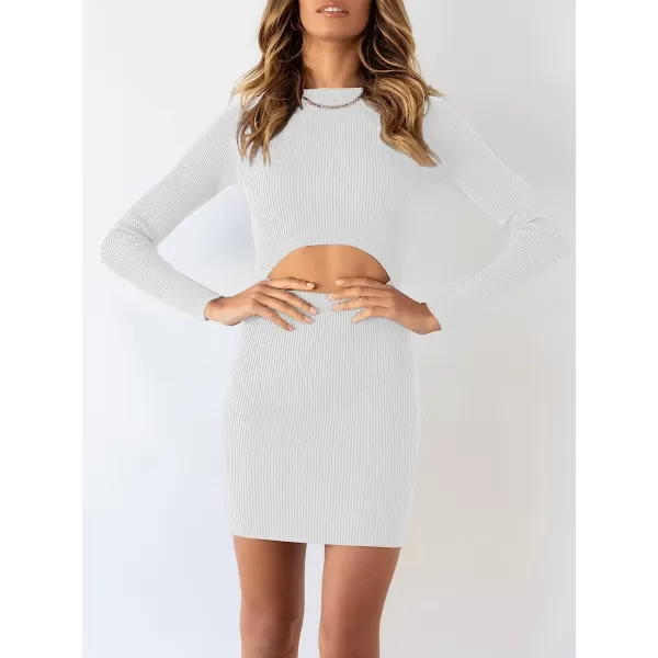 imageANRABESS Womens Long Sleeve Crewneck Cutout Sweater Dress Ribbed Knit Slim Fit Bodycon Mini DressWhite