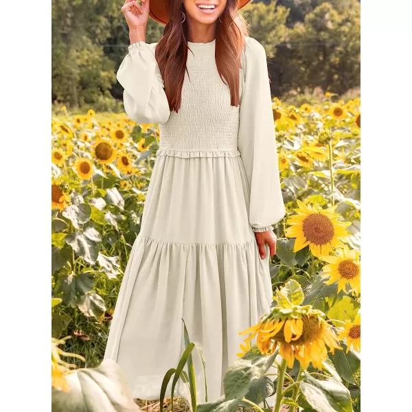 imageANRABESS Womens Long Sleeve Crewneck Smocked Boho Dress ALine Ruffle Frill Tiered Swing Midi DressAapricot