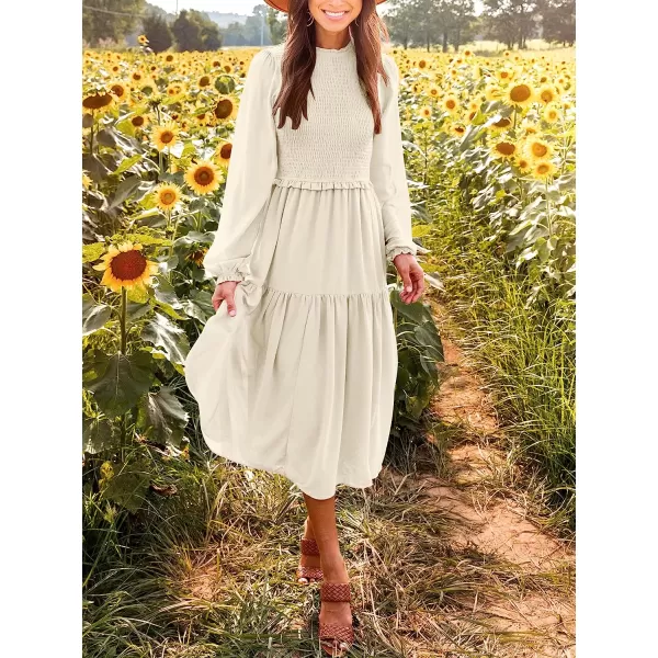 imageANRABESS Womens Long Sleeve Crewneck Smocked Boho Dress ALine Ruffle Frill Tiered Swing Midi DressAapricot