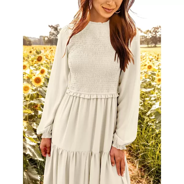 imageANRABESS Womens Long Sleeve Crewneck Smocked Boho Dress ALine Ruffle Frill Tiered Swing Midi DressAapricot