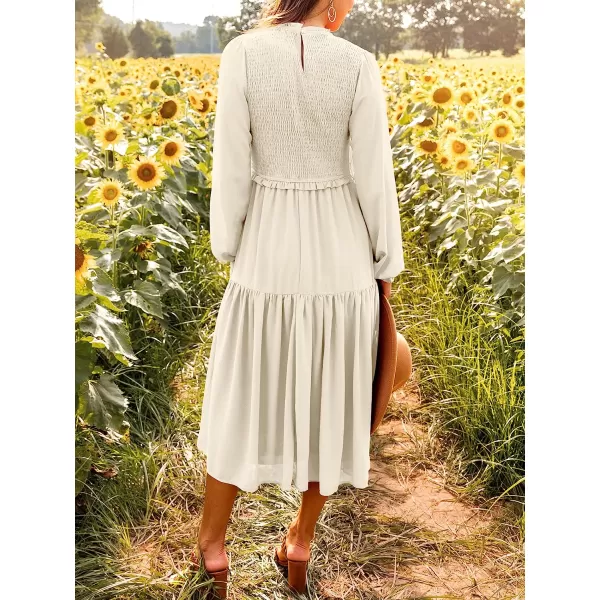imageANRABESS Womens Long Sleeve Crewneck Smocked Boho Dress ALine Ruffle Frill Tiered Swing Midi DressAapricot