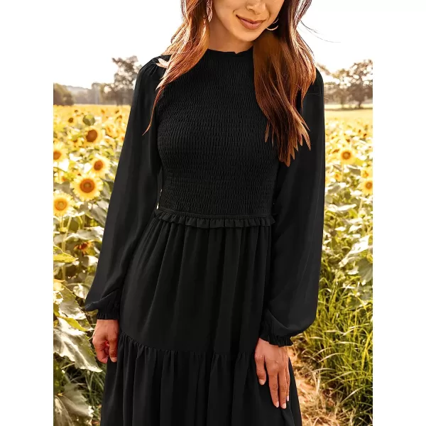 imageANRABESS Womens Long Sleeve Crewneck Smocked Boho Dress ALine Ruffle Frill Tiered Swing Midi DressAblack