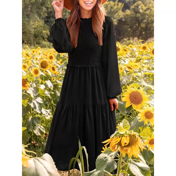 imageANRABESS Womens Long Sleeve Crewneck Smocked Boho Dress ALine Ruffle Frill Tiered Swing Midi DressAblack