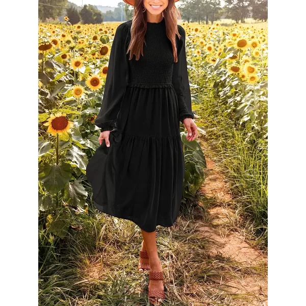 imageANRABESS Womens Long Sleeve Crewneck Smocked Boho Dress ALine Ruffle Frill Tiered Swing Midi DressAblack