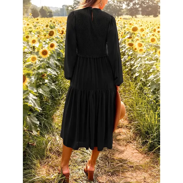 imageANRABESS Womens Long Sleeve Crewneck Smocked Boho Dress ALine Ruffle Frill Tiered Swing Midi DressAblack