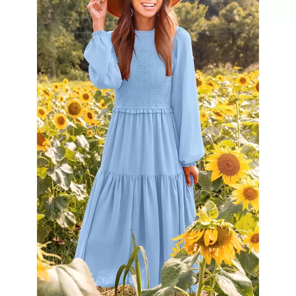 imageANRABESS Womens Long Sleeve Crewneck Smocked Boho Dress ALine Ruffle Frill Tiered Swing Midi DressAblue