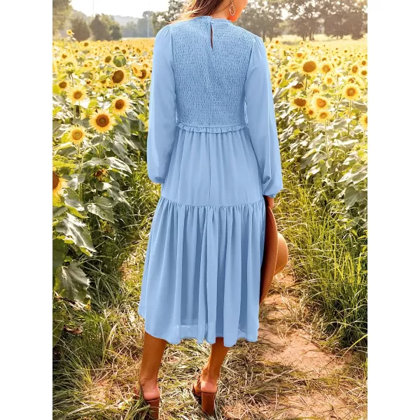 imageANRABESS Womens Long Sleeve Crewneck Smocked Boho Dress ALine Ruffle Frill Tiered Swing Midi DressAblue
