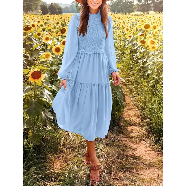 imageANRABESS Womens Long Sleeve Crewneck Smocked Boho Dress ALine Ruffle Frill Tiered Swing Midi DressAblue
