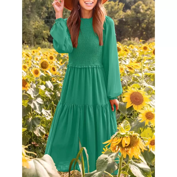 imageANRABESS Womens Long Sleeve Crewneck Smocked Boho Dress ALine Ruffle Frill Tiered Swing Midi DressAgreen