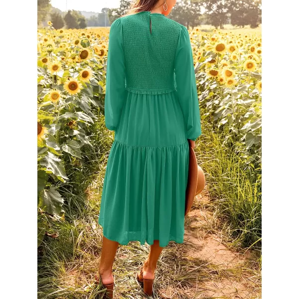 imageANRABESS Womens Long Sleeve Crewneck Smocked Boho Dress ALine Ruffle Frill Tiered Swing Midi DressAgreen