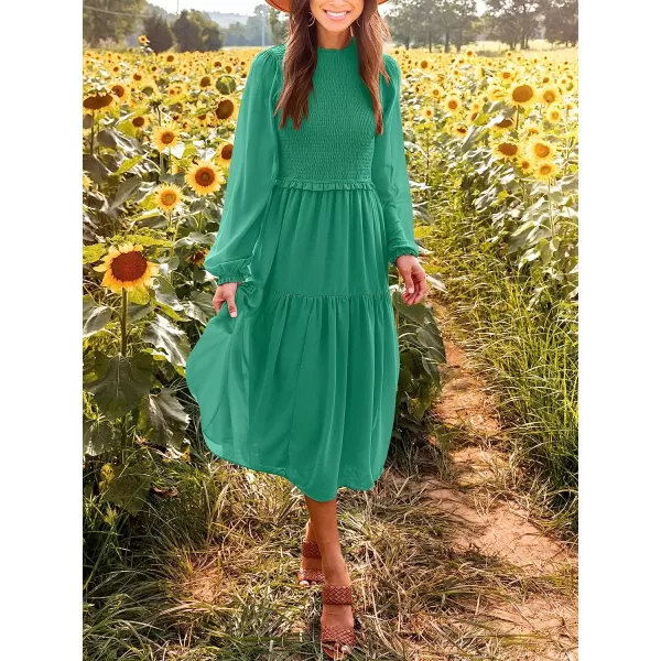 imageANRABESS Womens Long Sleeve Crewneck Smocked Boho Dress ALine Ruffle Frill Tiered Swing Midi DressAgreen