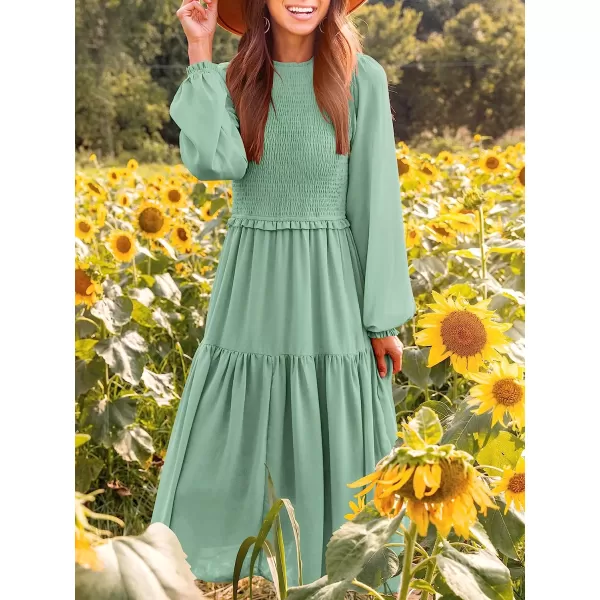 imageANRABESS Womens Long Sleeve Crewneck Smocked Boho Dress ALine Ruffle Frill Tiered Swing Midi DressAlight Green