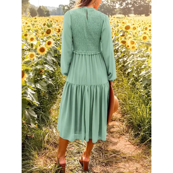 imageANRABESS Womens Long Sleeve Crewneck Smocked Boho Dress ALine Ruffle Frill Tiered Swing Midi DressAlight Green