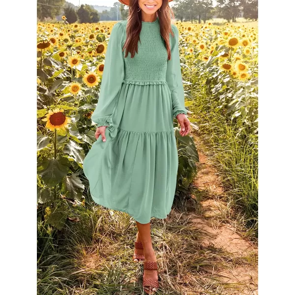 imageANRABESS Womens Long Sleeve Crewneck Smocked Boho Dress ALine Ruffle Frill Tiered Swing Midi DressAlight Green