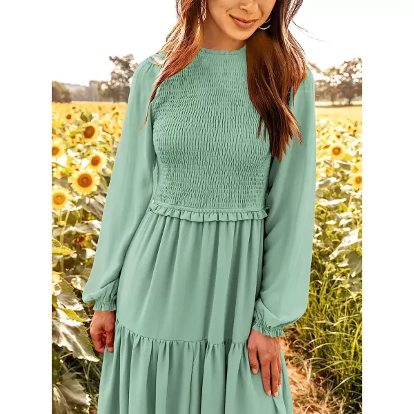 imageANRABESS Womens Long Sleeve Crewneck Smocked Boho Dress ALine Ruffle Frill Tiered Swing Midi DressAlight Green