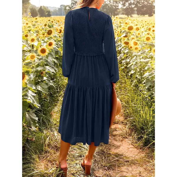 imageANRABESS Womens Long Sleeve Crewneck Smocked Boho Dress ALine Ruffle Frill Tiered Swing Midi DressAnavy Blue
