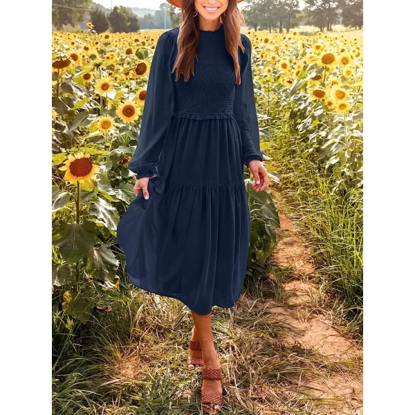 imageANRABESS Womens Long Sleeve Crewneck Smocked Boho Dress ALine Ruffle Frill Tiered Swing Midi DressAnavy Blue