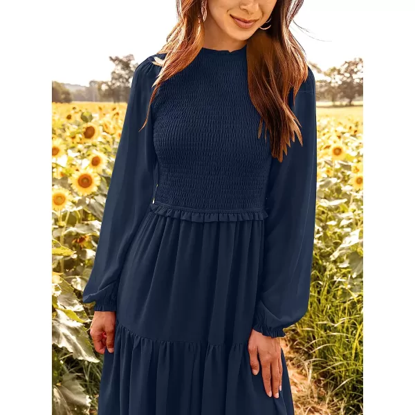 imageANRABESS Womens Long Sleeve Crewneck Smocked Boho Dress ALine Ruffle Frill Tiered Swing Midi DressAnavy Blue